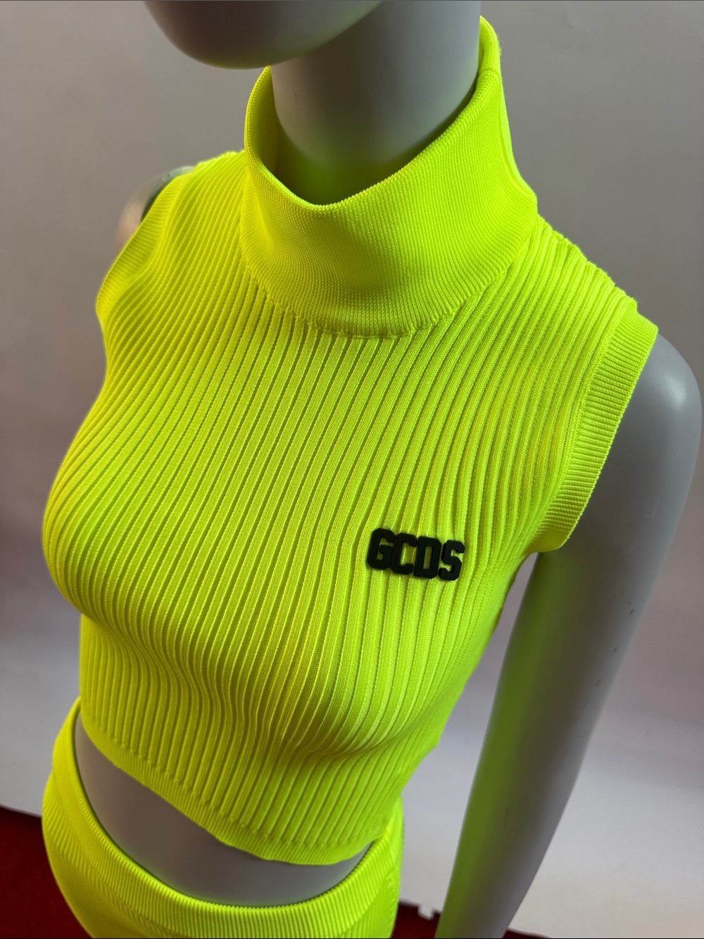GCDS Neon Yellow Ribbed Knit Crop Top and Skirt Set Size M NWOT